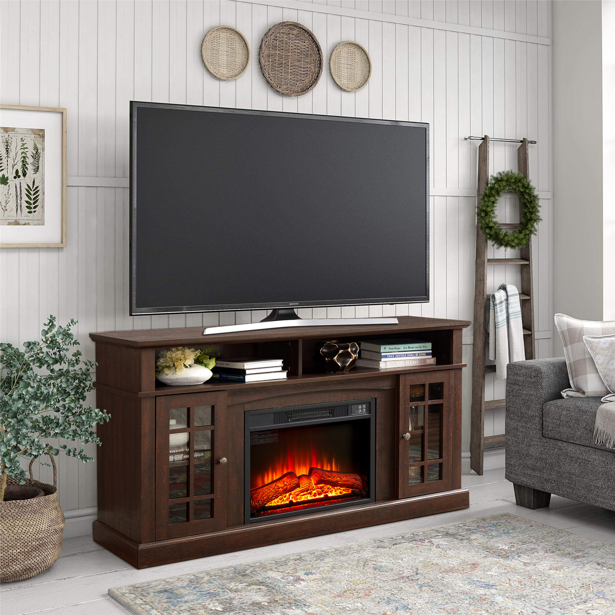 Gracie Oaks Xee 58"W Retro Fireplace Insert TV Stand, 1400W Electric